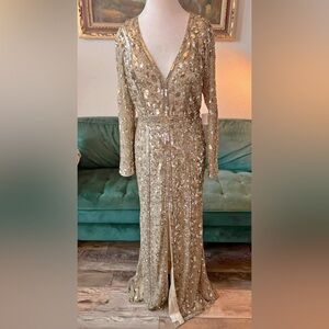 Mac Duggal Embellished Front slit Long sleeve Antique Gold gown Size 14 NWTs